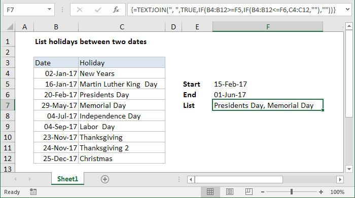 Excel Formula List Holidays Between Two Dates Exceljet 1644